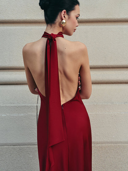 Open Back Satin Halter Dress