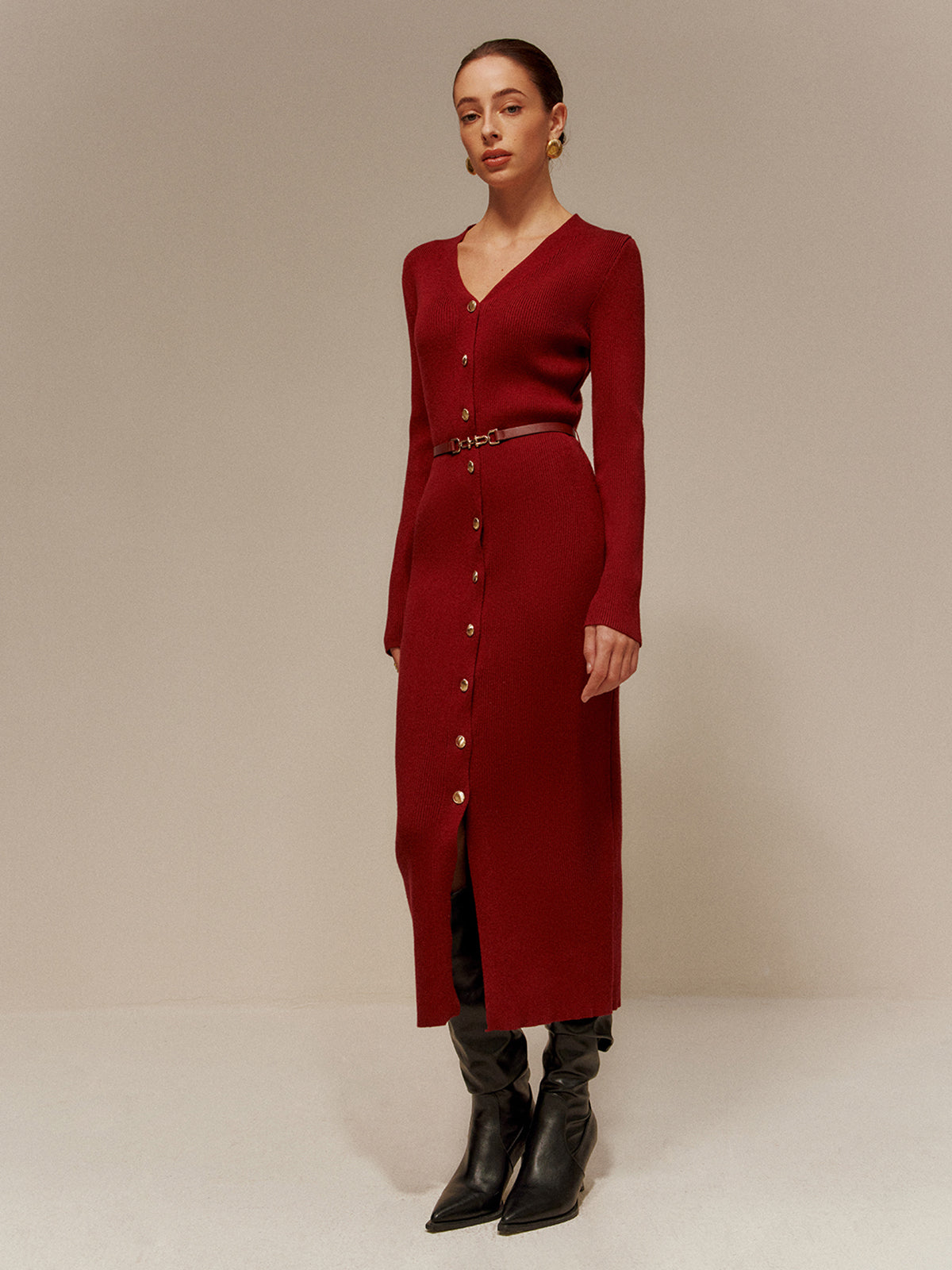 V-Neck Breasted Belted Sweater Long Dress