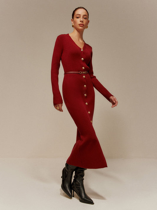 V-Neck Breasted Belted Sweater Long Dress