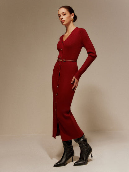 V-Neck Breasted Belted Sweater Long Dress