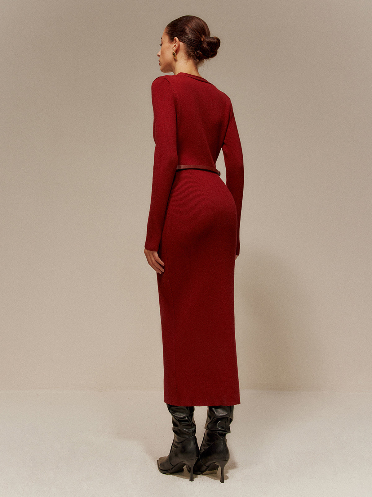 V-Neck Breasted Belted Sweater Long Dress