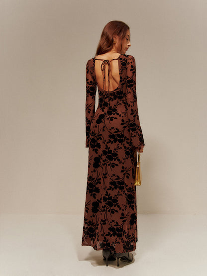 Flock Printed Backless Tie Dress