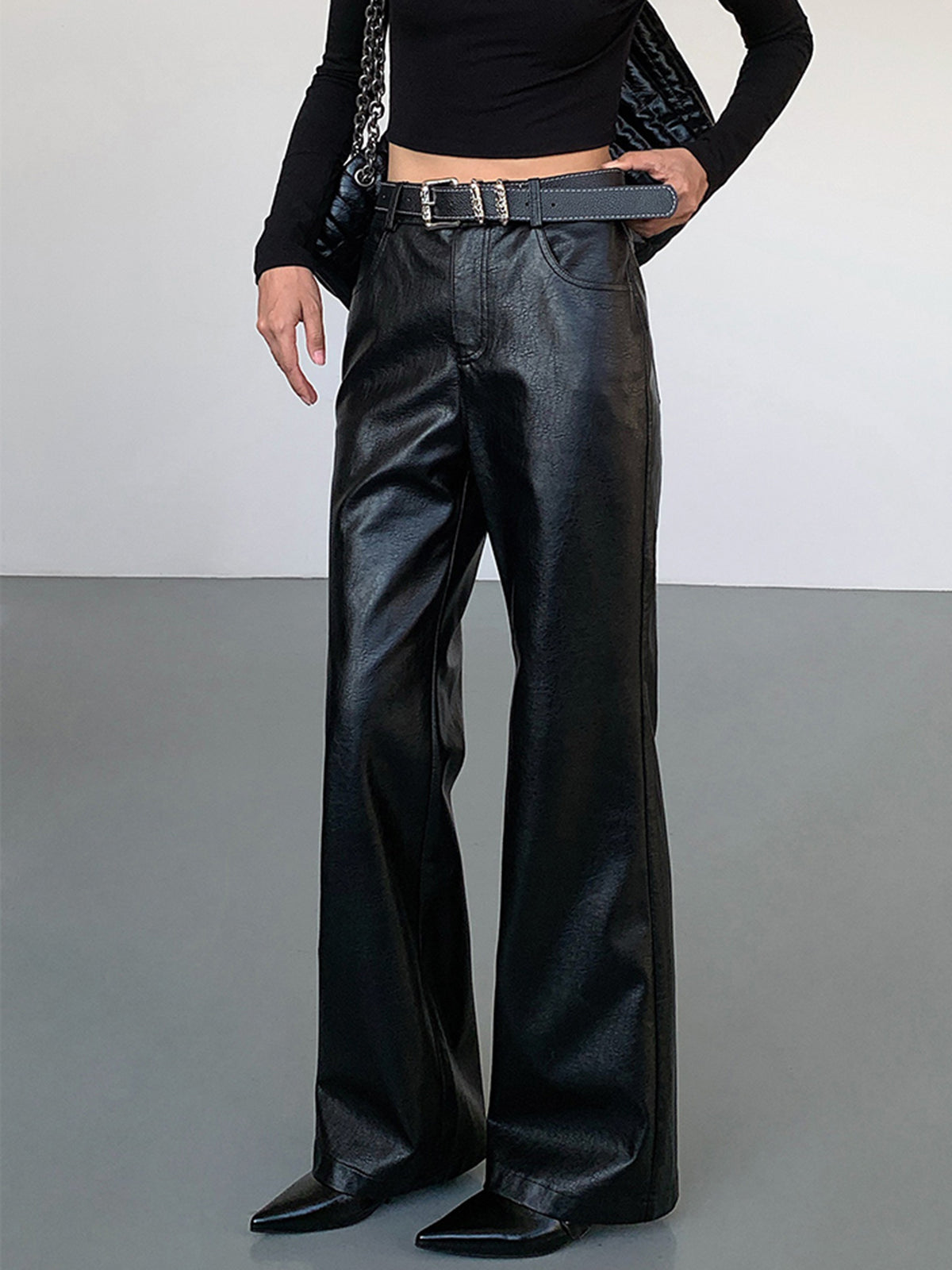 High-Waist PU Leather Pants Without Belt