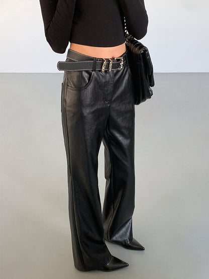 High-Waist PU Leather Pants Without Belt