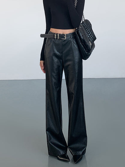 High-Waist PU Leather Pants Without Belt