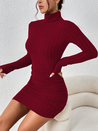 Mock Neck Hip-Covering Ribbed Dress