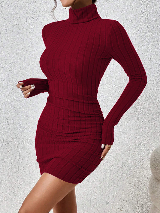 Mock Neck Hip-Covering Ribbed Dress