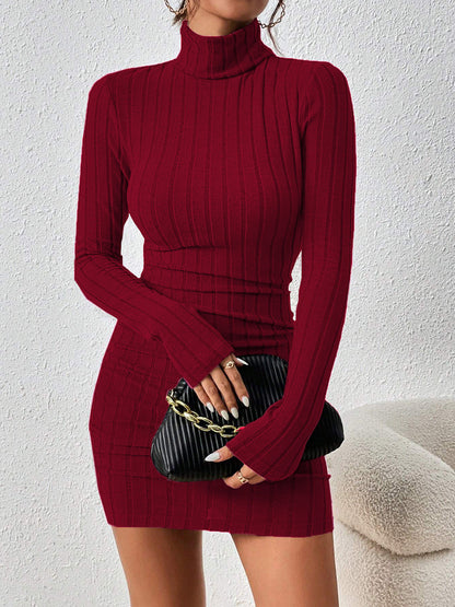 Mock Neck Hip-Covering Ribbed Dress