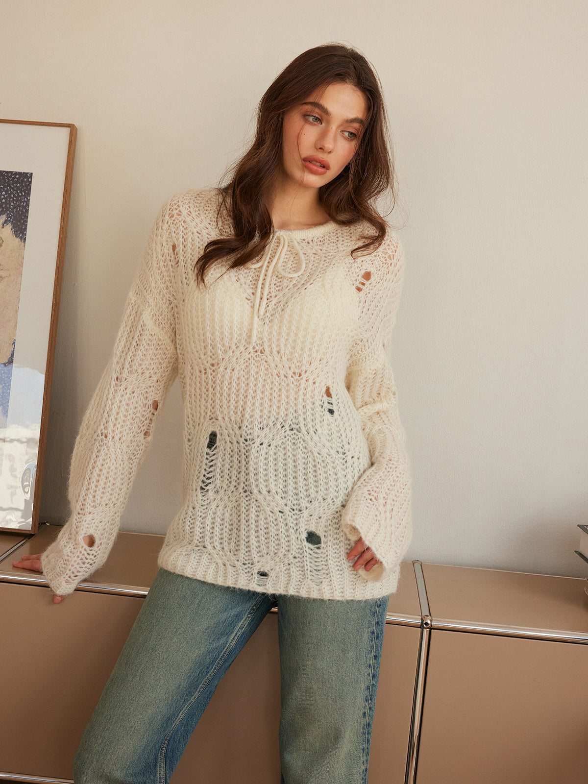 Tie Front Hollow Shift Sweater