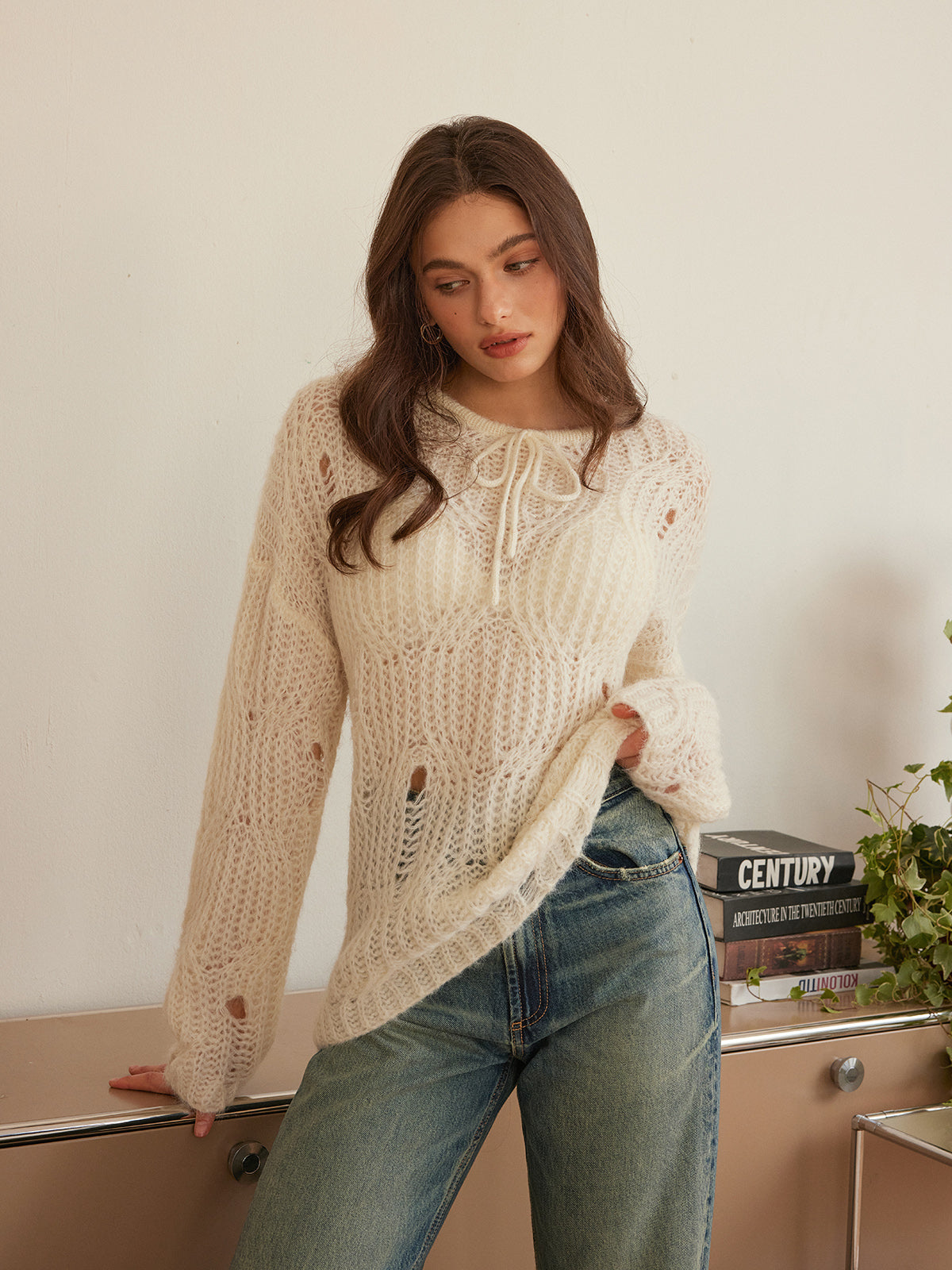 Tie Front Hollow Shift Sweater