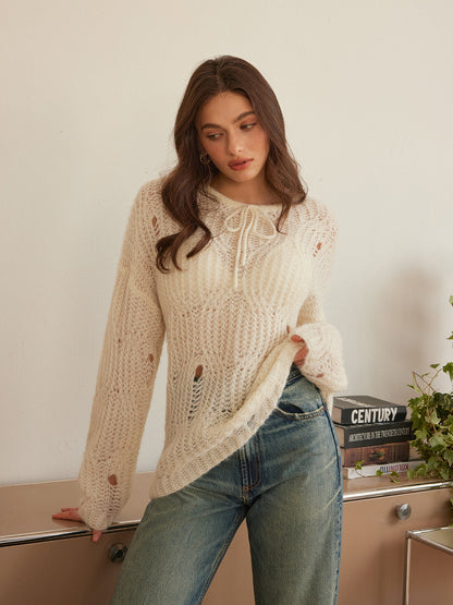 Tie Front Hollow Shift Sweater