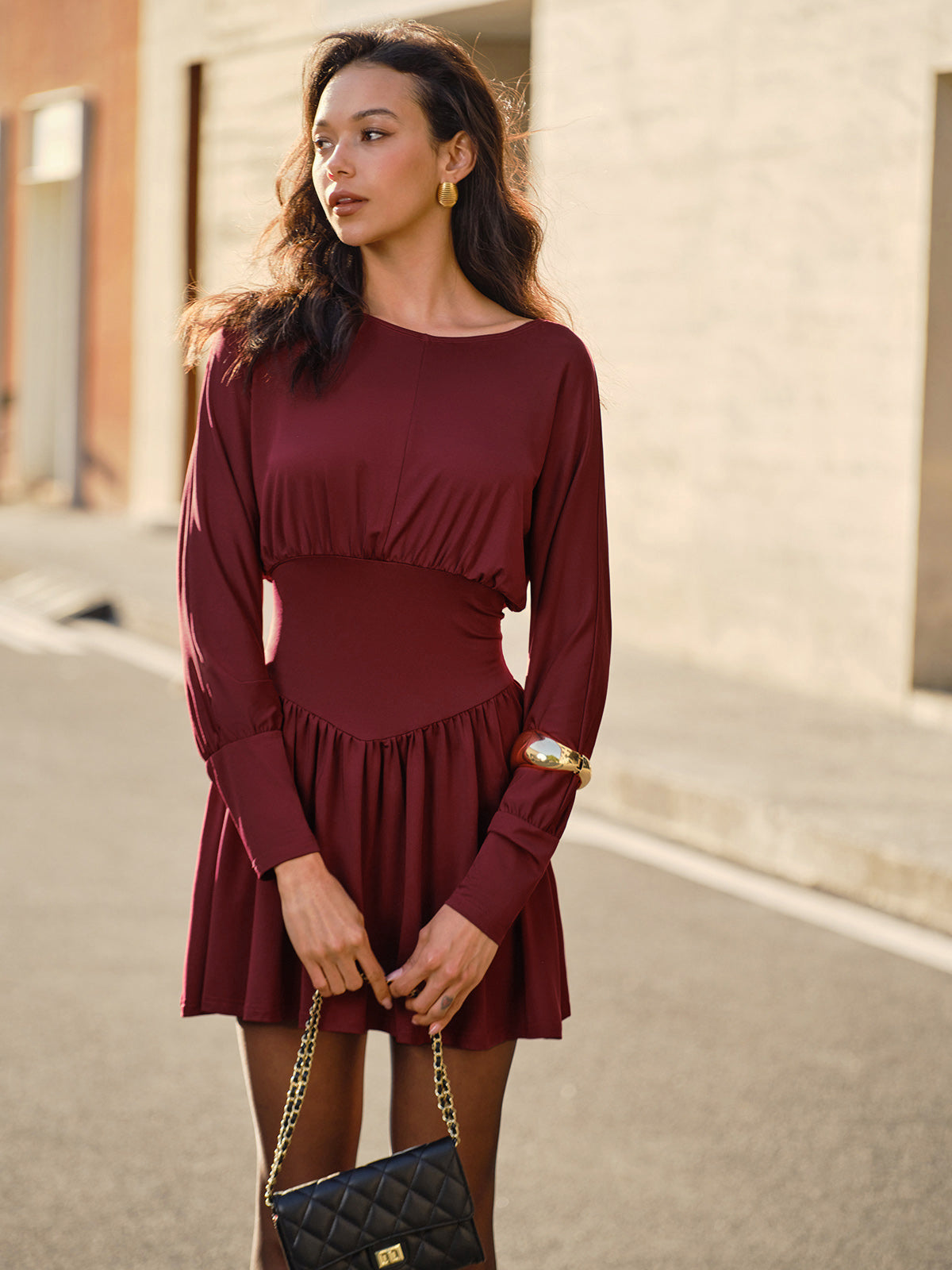 Pleated Cinched Waist Dress Without Belt