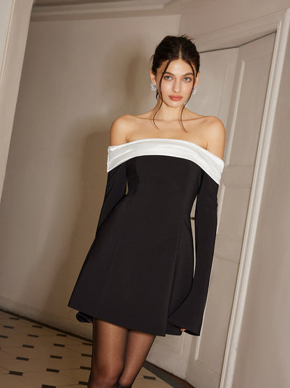 Color Block Off-Shoulder Bell Sleeve Dress