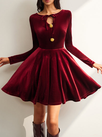 Tie Neck Velvet Pleated Dress