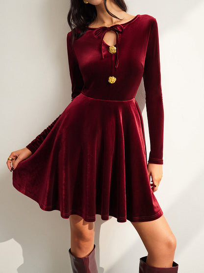 Tie Neck Velvet Pleated Dress