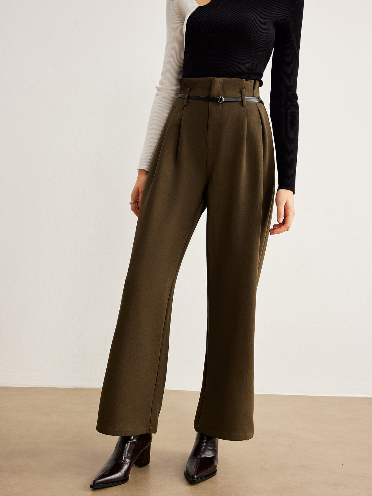 Slim-Belt Pleated Pants