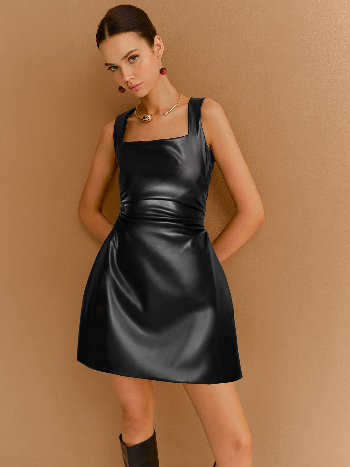 Faux Leather Zipper Strappy Dress