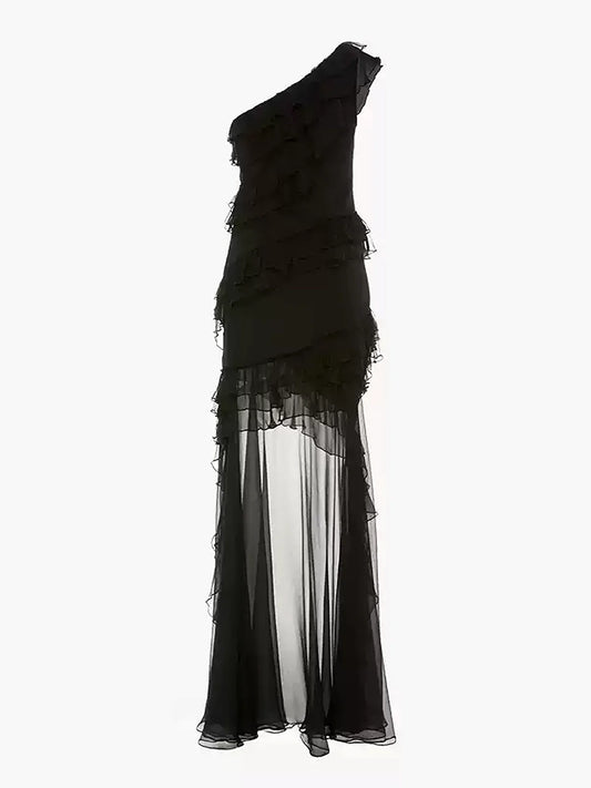 One-Shoulder Chiffon Ruffle Dress