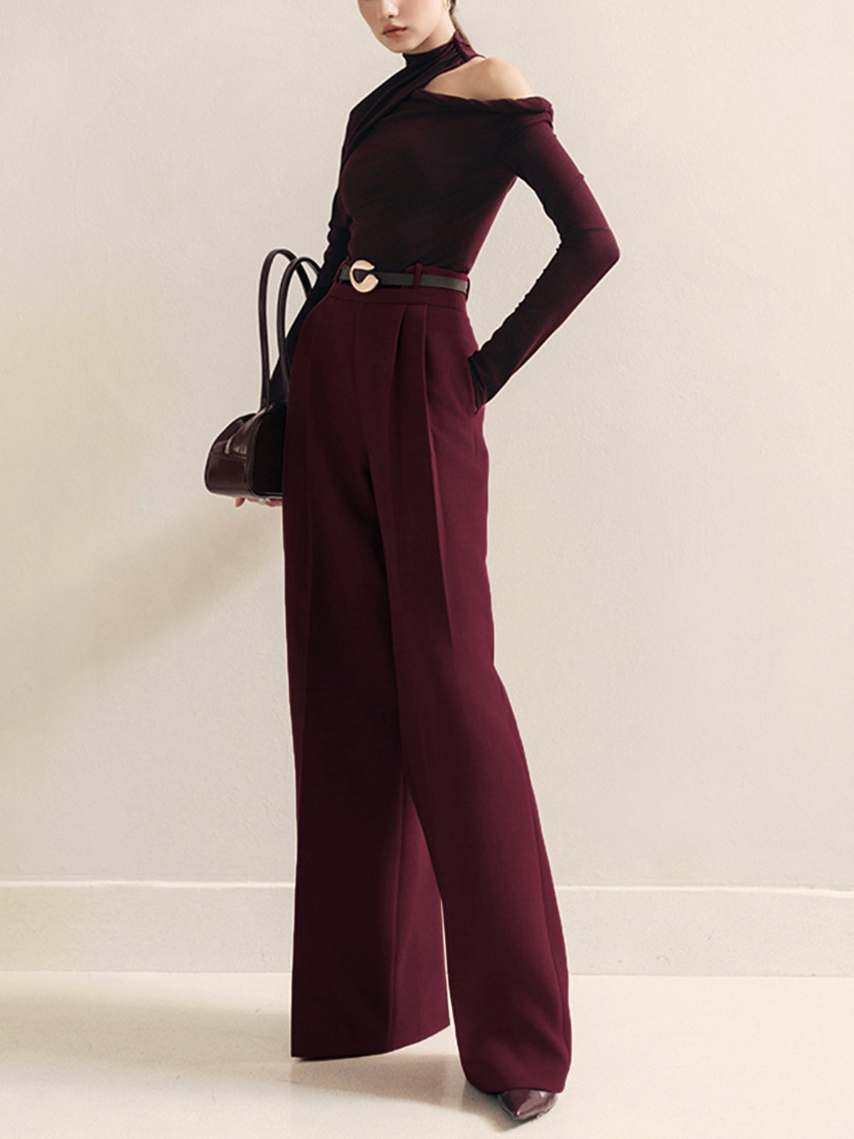 Metal-Belt Pleated High-Waist Pants