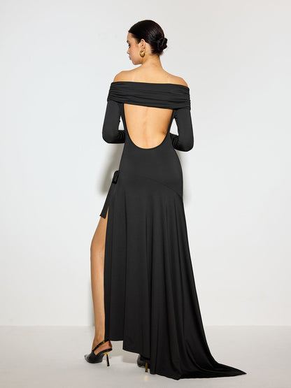 Off-Shoulder Ruched Bow Split Dress