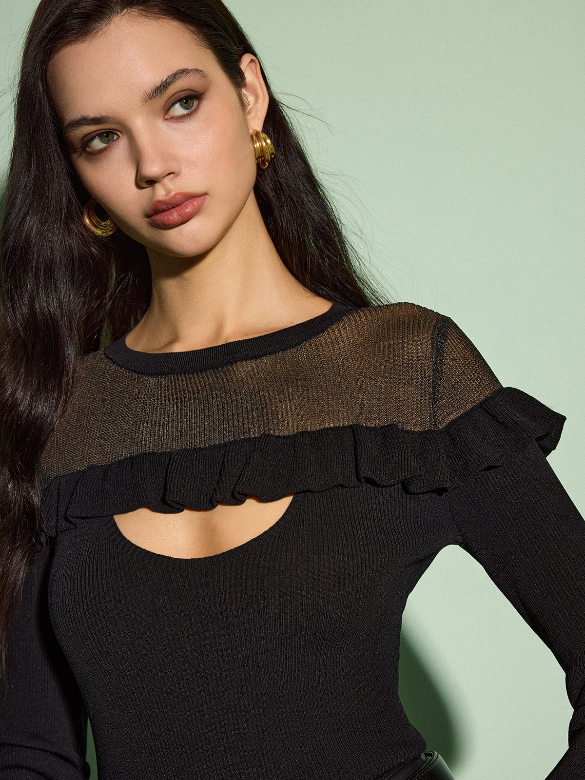 Cutout Ruffle Sheer Panel Knit Top