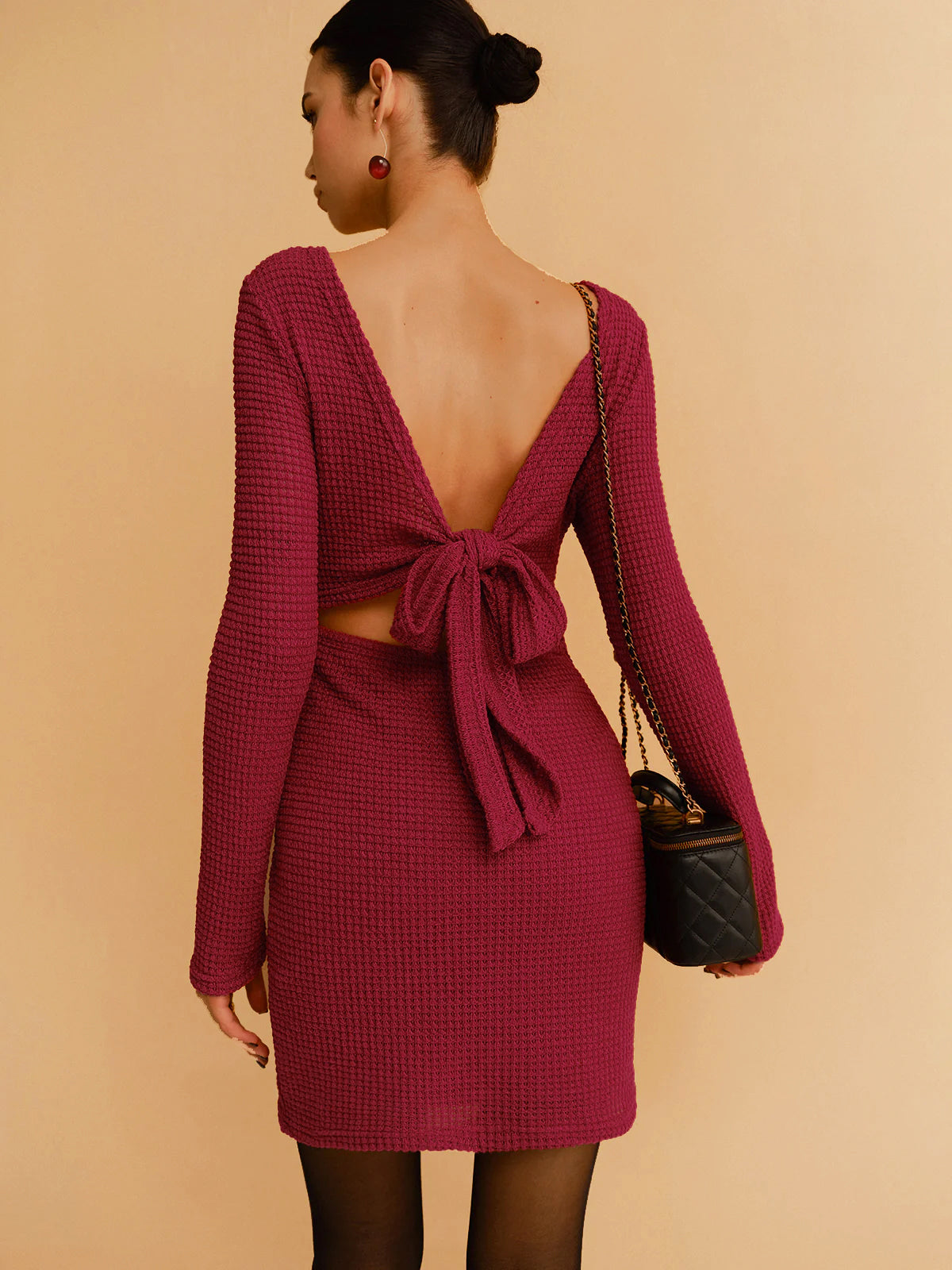 Backless Waffle Bow Knit Short Dress