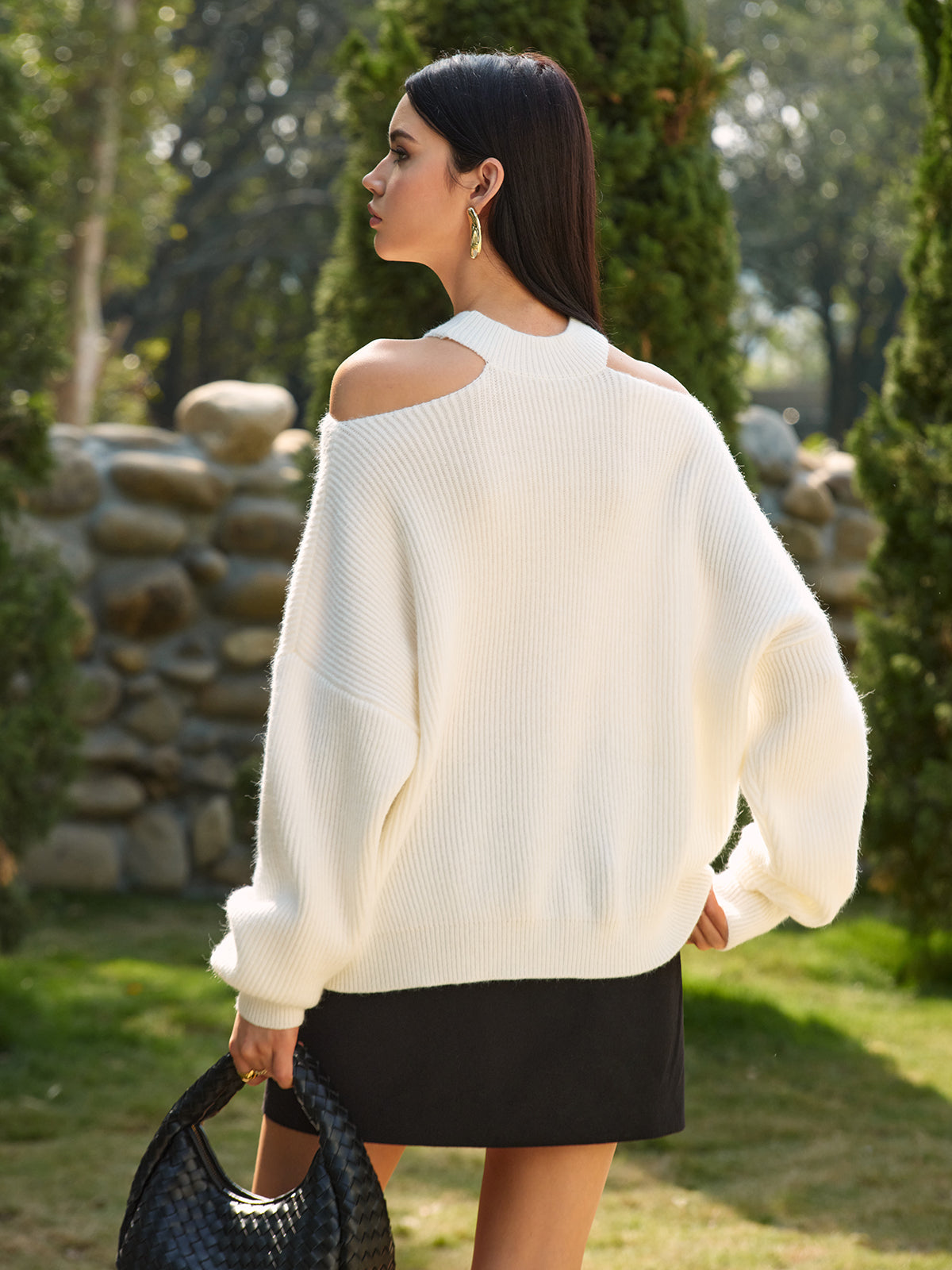 Cold-Shoulder Choker Shift Sweater