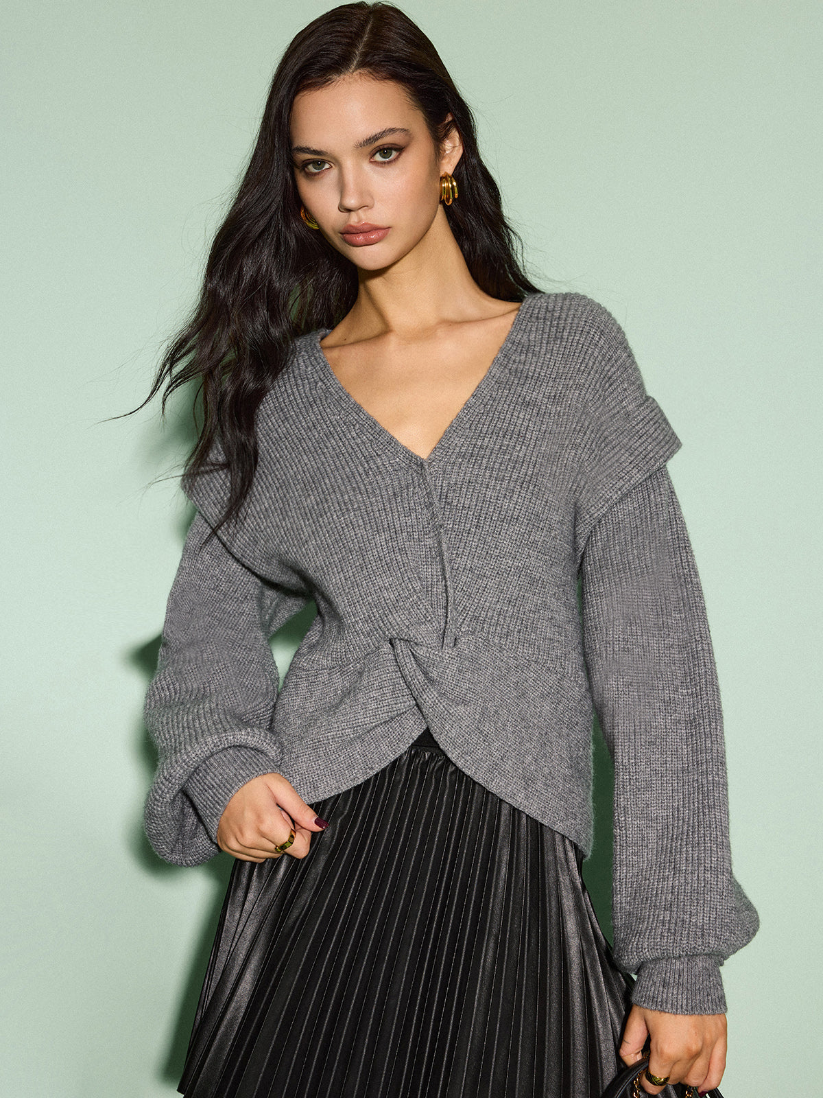 V-Neck Lantern Sleeve Knotted Sweater