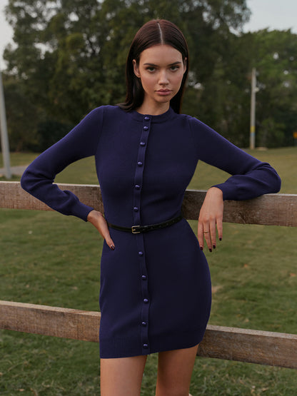 Button-Decor Sweater Hip-Covering Dress With Belt