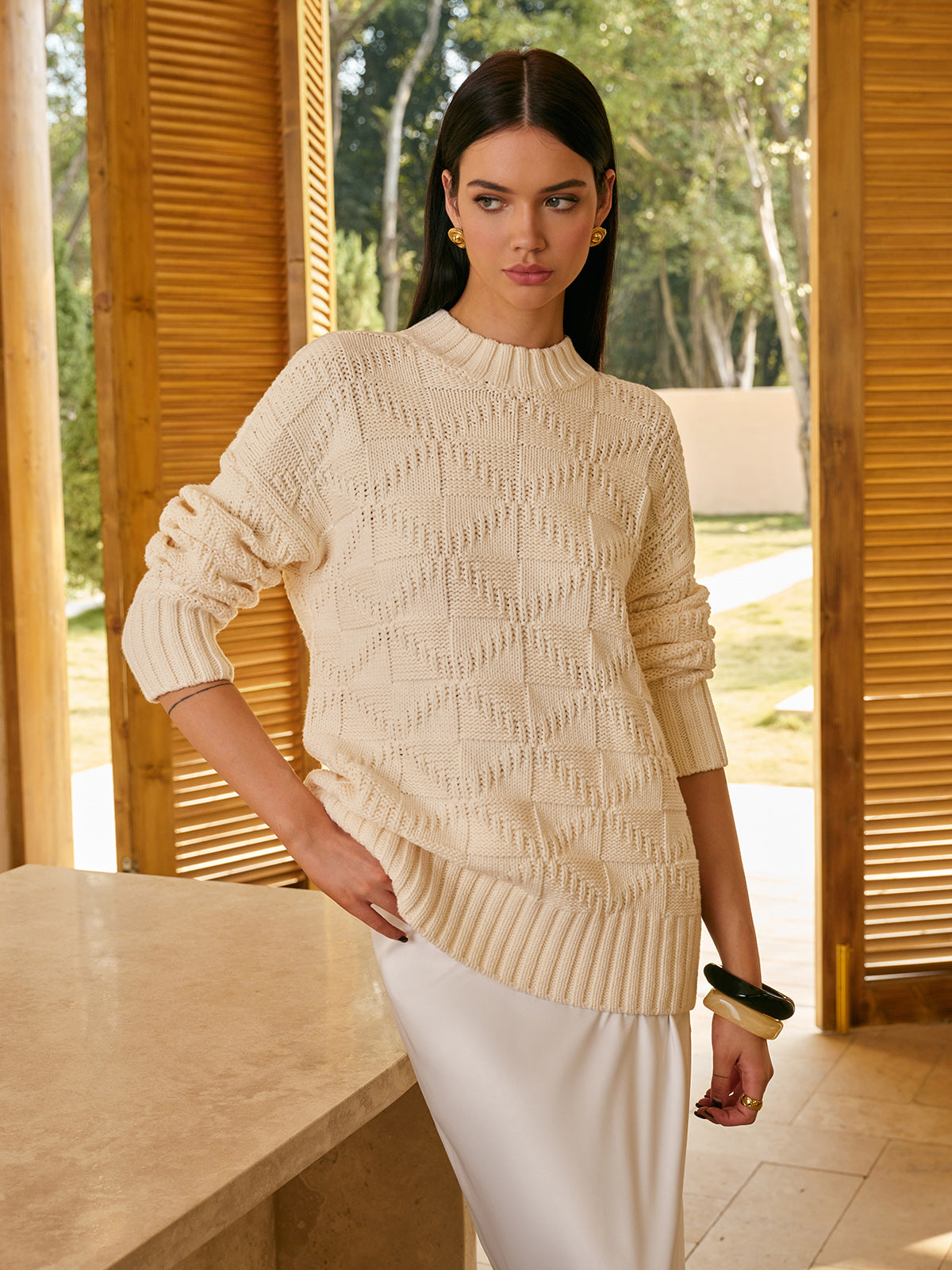 Rhombic-Pattern Sweater Without Belt