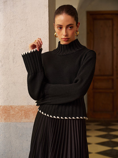 Wool-Blend Contrast Binding Ribbed Knit Top