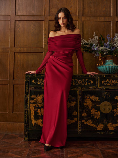 Off-Shoulder Ruched Satin Panel Dress