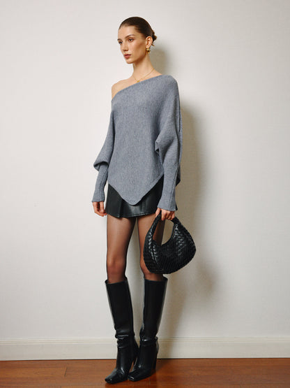 Asymmetrical Neck Leg-Of-Mutton Sleeve Sweater