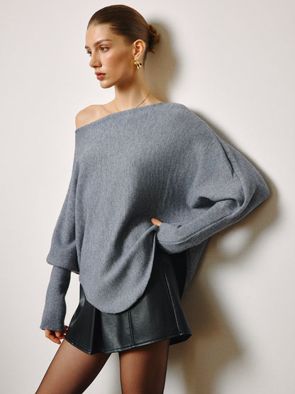 Asymmetrical Neck Leg-Of-Mutton Sleeve Sweater