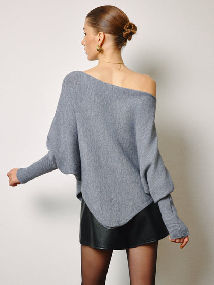 Asymmetrical Neck Leg-Of-Mutton Sleeve Sweater