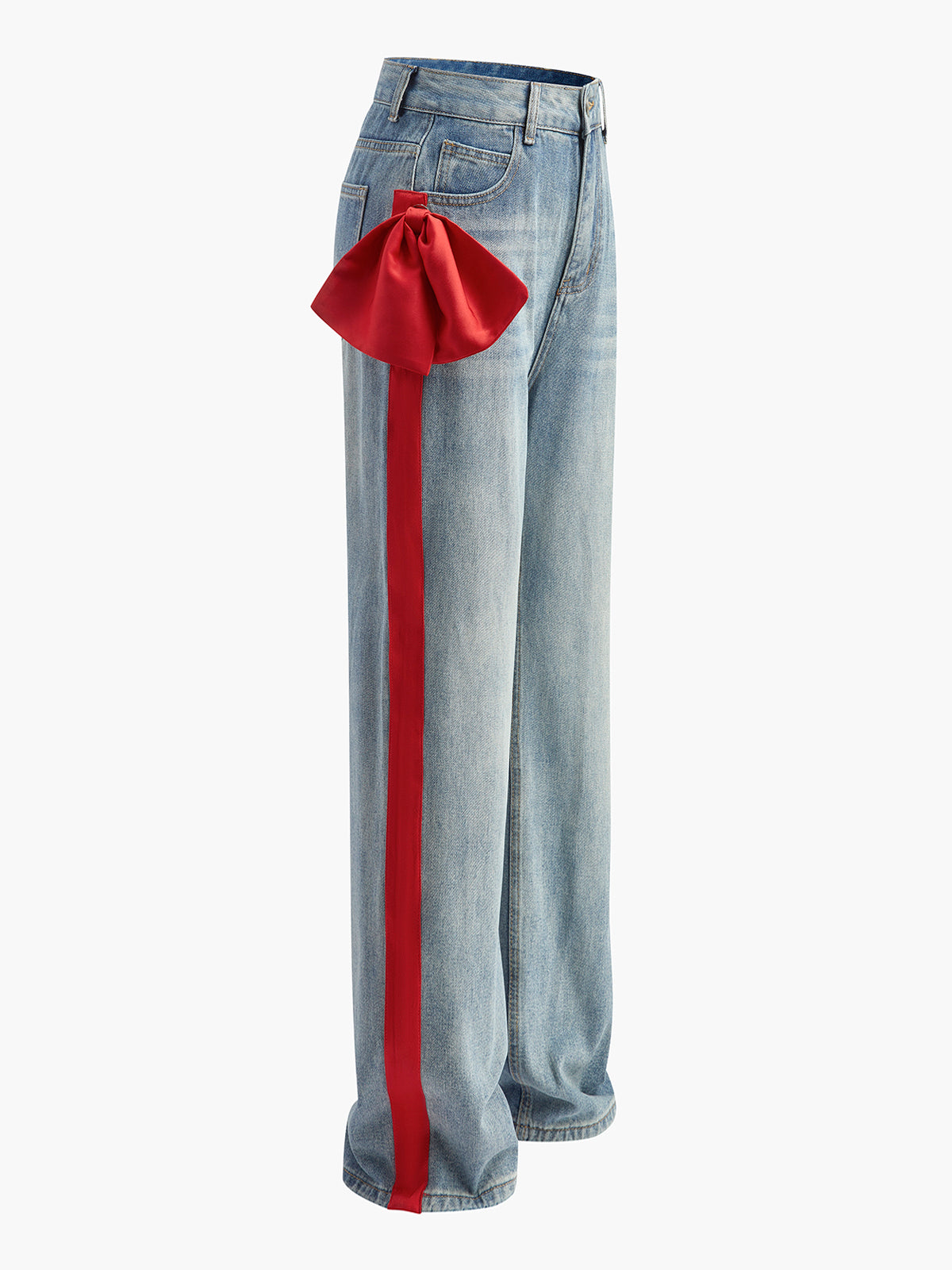 Mid-Waist Bow-Decor Denim Jeans