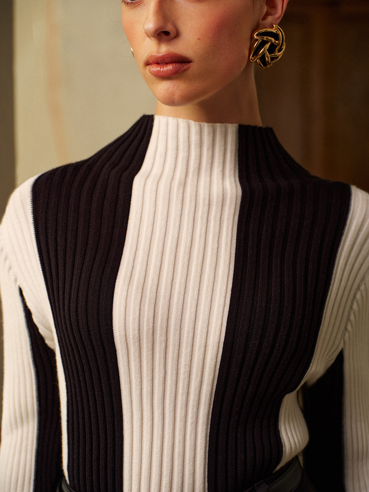 Mock Neck Two-Tone Pinstripe Ribbed Sweater