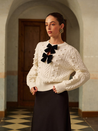 Bow Front Knit Ball-Decor Sweater