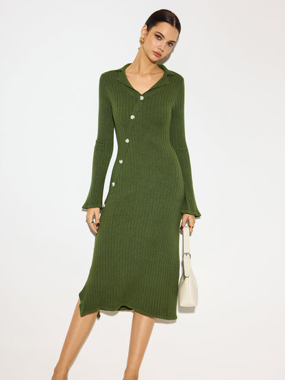 V-Neck Lapel Sweater Midi Dress