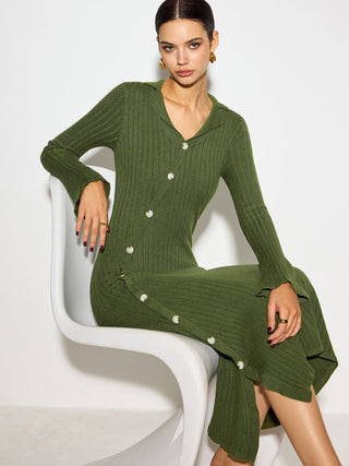 V-Neck Lapel Sweater Midi Dress