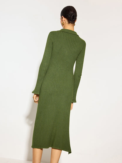 V-Neck Lapel Sweater Midi Dress