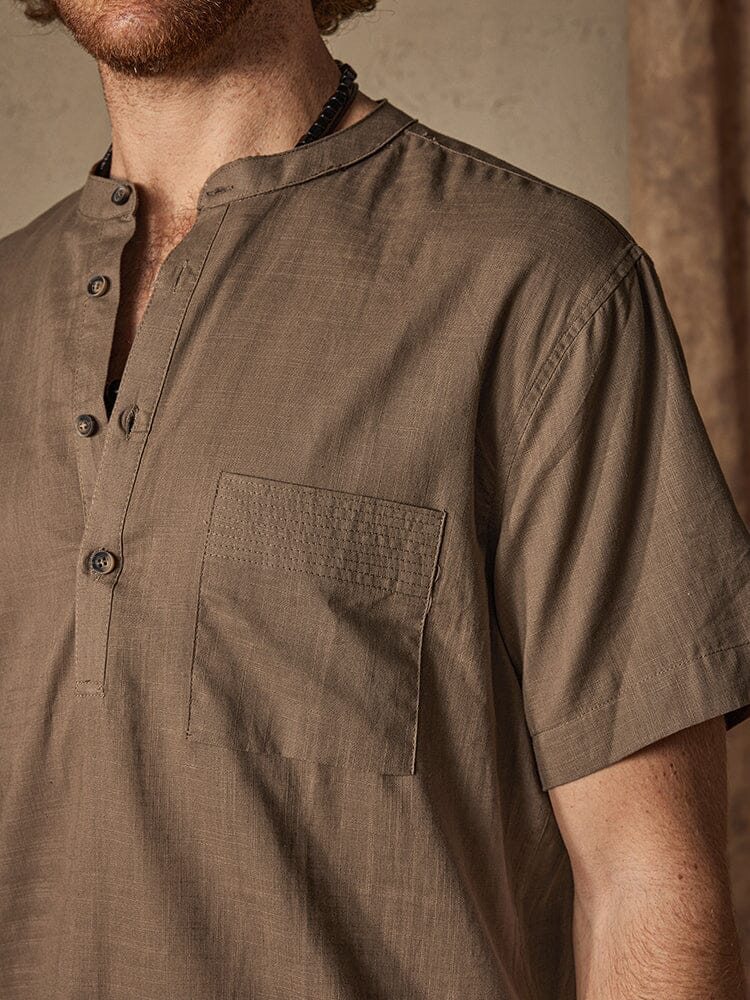 Casual Cotton and Linen Henley Shirt with Pocket