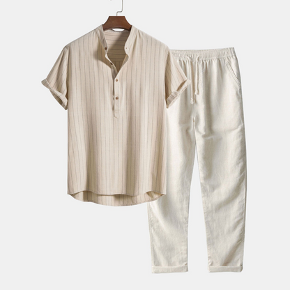 Linen Blend Shirt with Henley Collar and Linen Pants