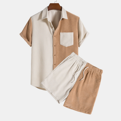 Two-Tone Corduroy Shirt and Buttoned Shorts