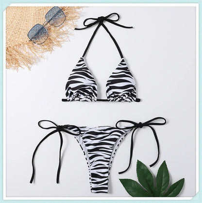 Colorful Print Triangle Lace Up Bikini Set