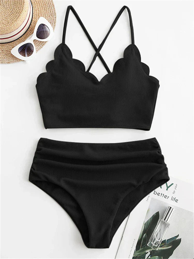 High Waist Scallop Top 2 Piece Swimsuit