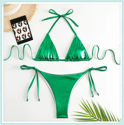 Metallic Triangle Lace Up Bikini Set