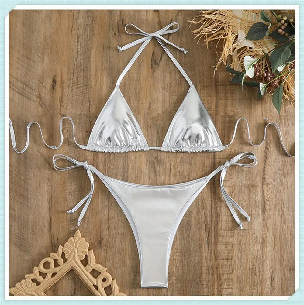 Metallic Triangle Lace Up Bikini Set