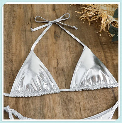 Metallic Triangle Lace Up Bikini Set