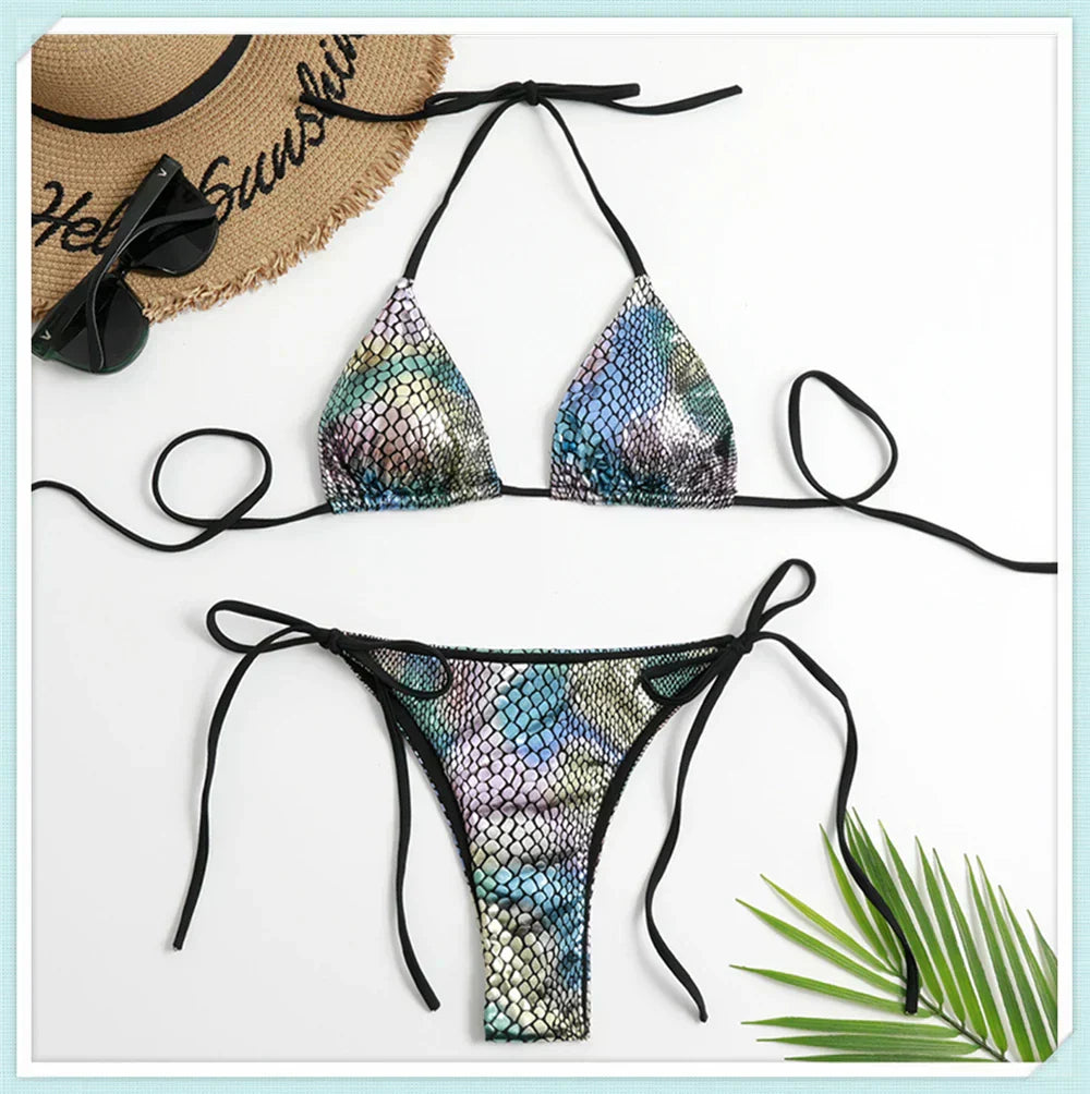 Metallic Triangle Lace Up Bikini Set